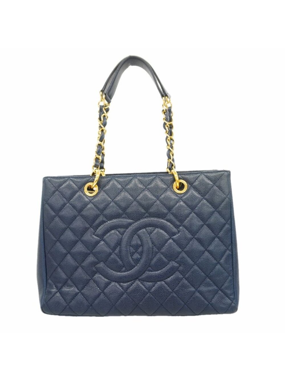 Chanel Chain Tote Bag Quilted Caviar Leather Navy Gold